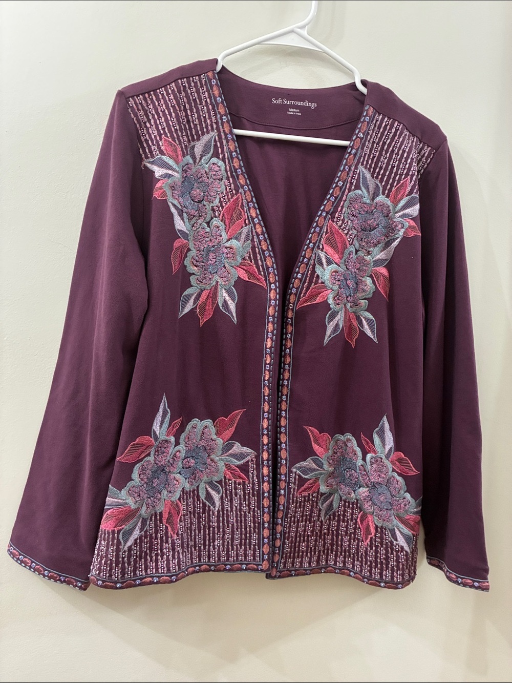 Soft Surroundings Plum Floral Embroidered Open Jacket - NWT - medium